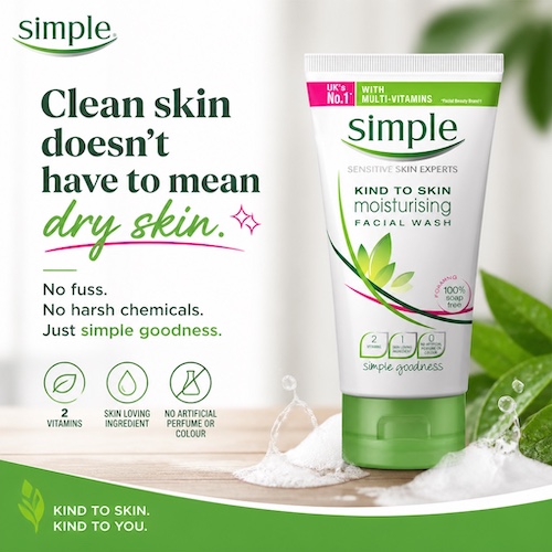 Sample AI-generated skincare social ad: benefit-led layout with product tube and feature icons