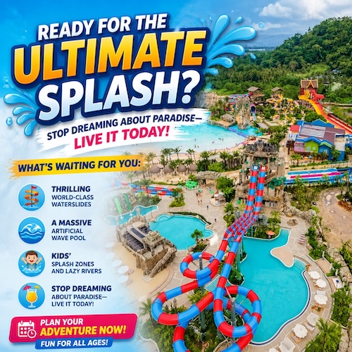 Sample AI-generated destination social ad: water park promo with headline, feature list, and call to action