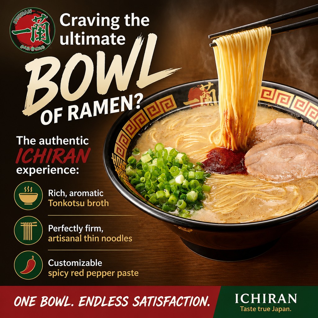 Sample AI-generated food social ad: ramen bowl hero shot with benefit list and brand banner